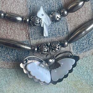 Real Silver Bead & Puka Shell Chandelier Necklace w MOP Bird & Butterfly Pendant